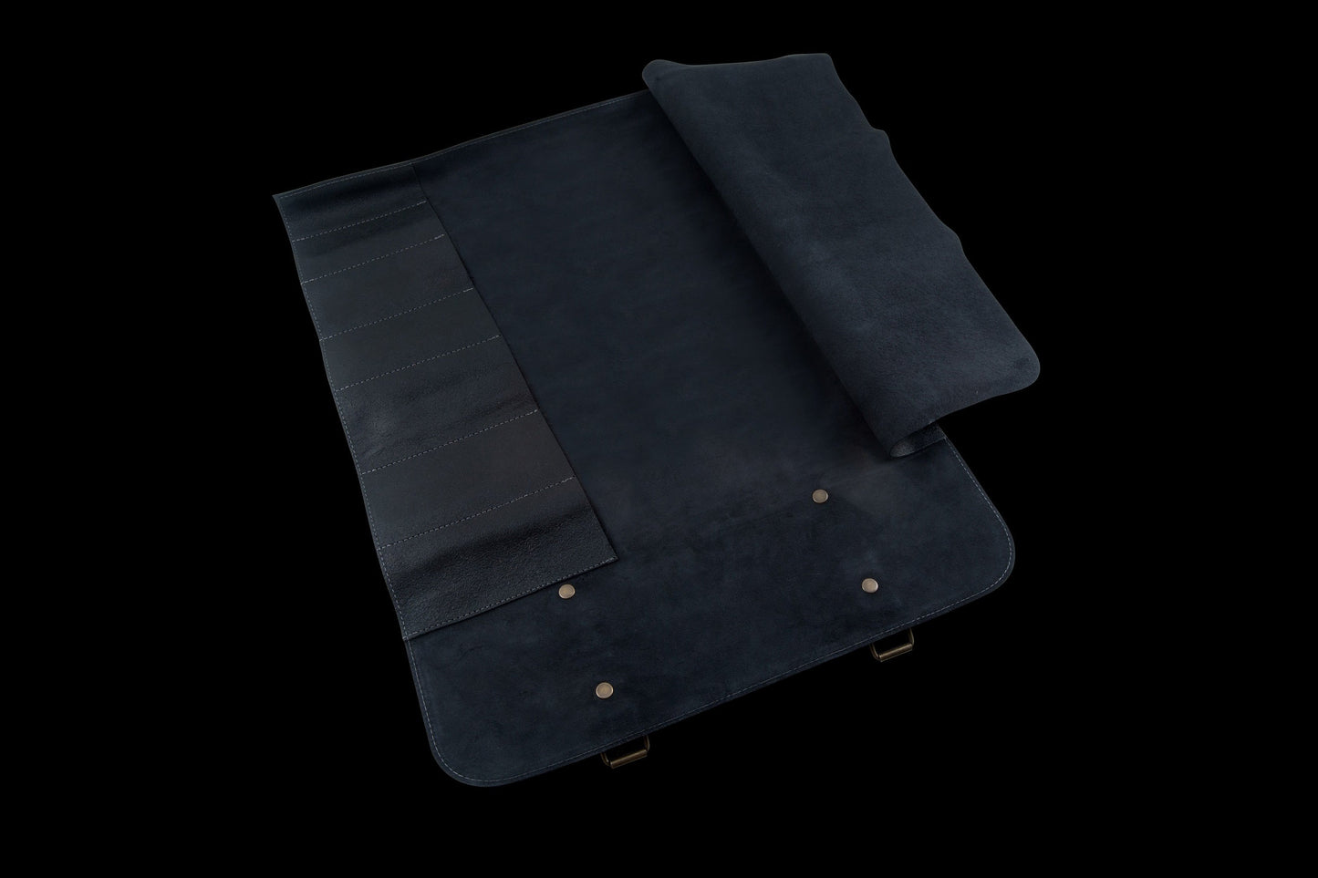 VINTAGE LEATHER BLACK KNIFE ROLL - 7 POCKET