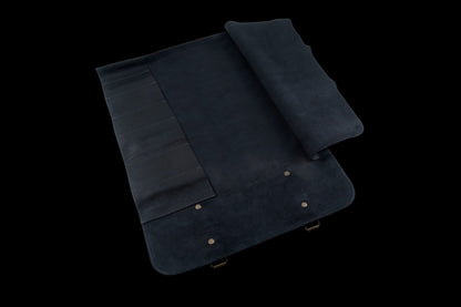 VINTAGE LEATHER BLACK KNIFE ROLL - 7 POCKET