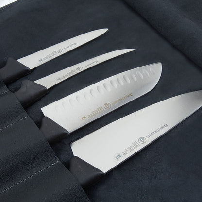 VINTAGE LEATHER BLACK KNIFE ROLL - 7 POCKET