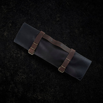 VINTAGE LEATHER BLACK KNIFE ROLL - 7 POCKET