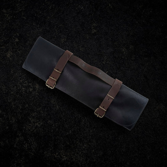 VINTAGE LEATHER BLACK KNIFE ROLL - 7 POCKET